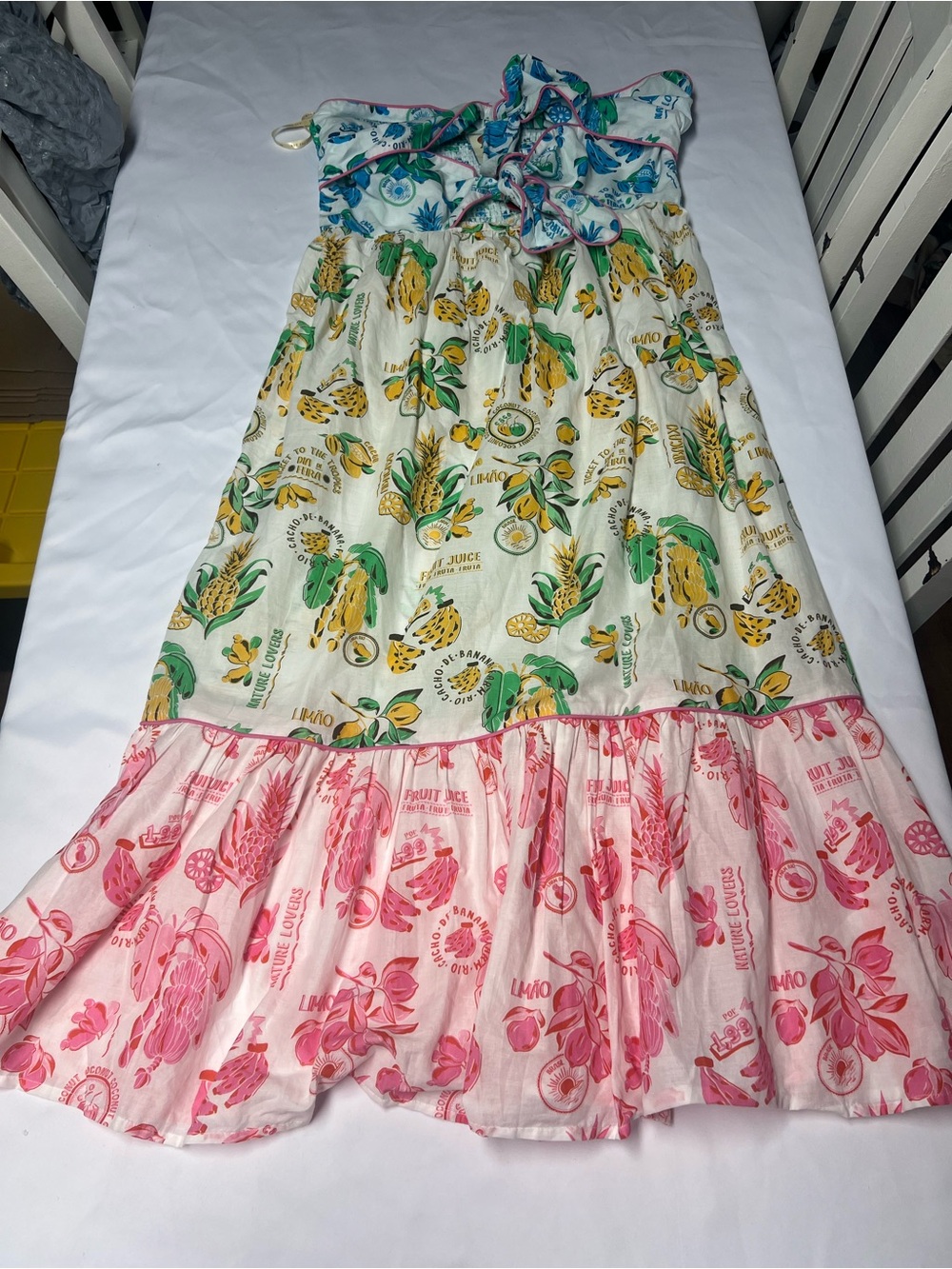 FARM RIO Dress Women XL Paradise Midi Tie Straps Tiered Orange Floral Lemon NWT